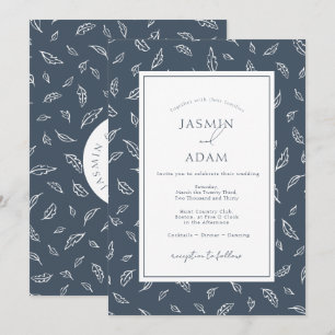Boho Slate Blue Leaf Monogram Wedding Invitation