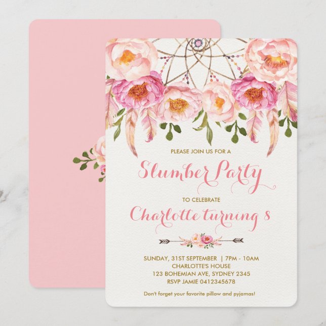 Boho Slumber Party Dreamcatcher Birthday Sleepover Invitation (Front/Back)