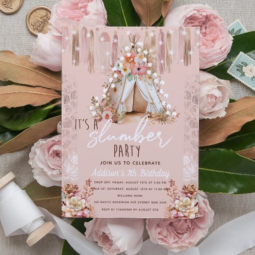 Boho Slumber Party Pink Elegant Invitation