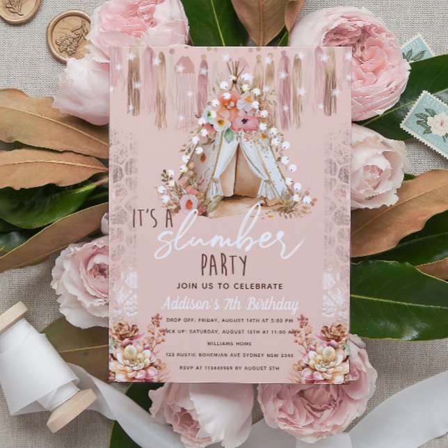 Boho Slumber Party Pink Elegant Invitation (Creator Uploaded)
