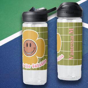 Boho Smiley Good Vibes Olive Pink Custom Name Water Bottle