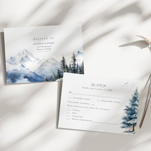 Boho Snowy Mountain  Pine Trees Wedding RSVP Card