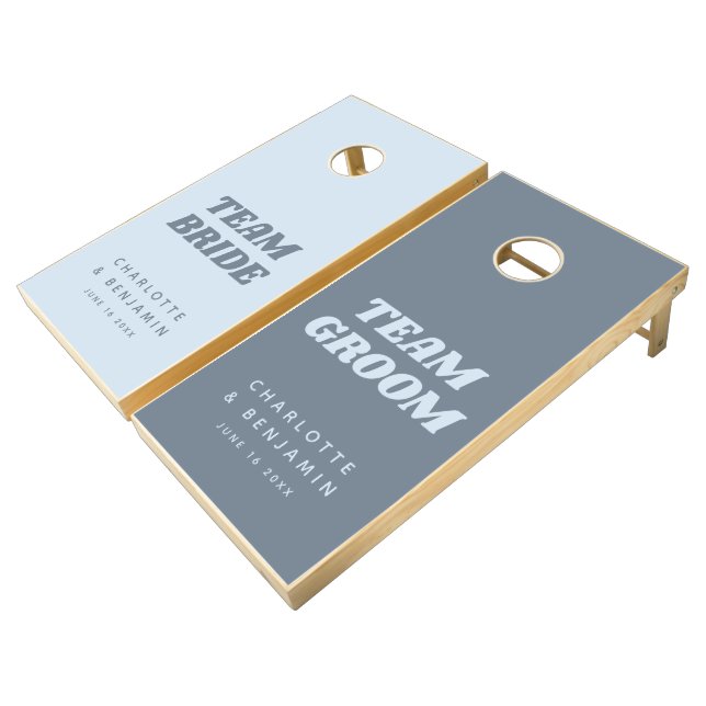 Boho Soft Blue Bride Groom Wedding Custom  Cornhole Set (Angled)