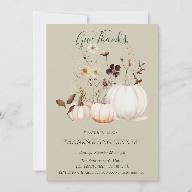 Boho Soft Color Pumpkin Give Thanks Invitation (Front)