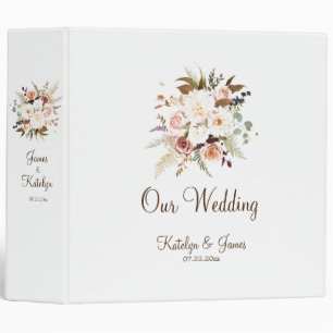 Boho Soft Colored Rose/White Flowers Wedding 3 Ring Binder