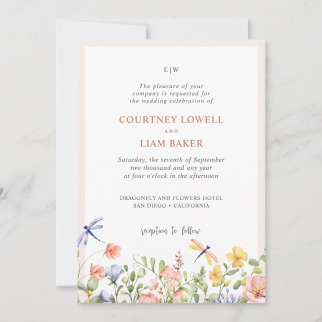 BOHO soft Flowers and Dragonflies Garden Wedding Invitation (Front)