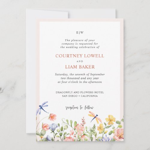 BOHO soft Flowers and Dragonflies Garden Wedding Invitation