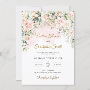 Boho soft pastel pink floral sage eucalyptus gold invitation