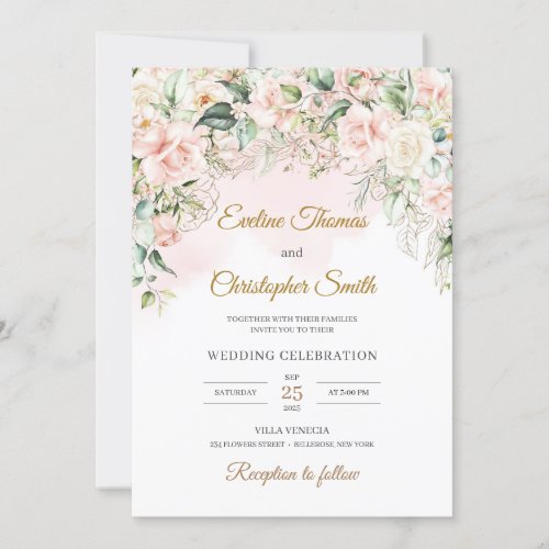 Boho soft pastel pink floral sage eucalyptus gold  invitation