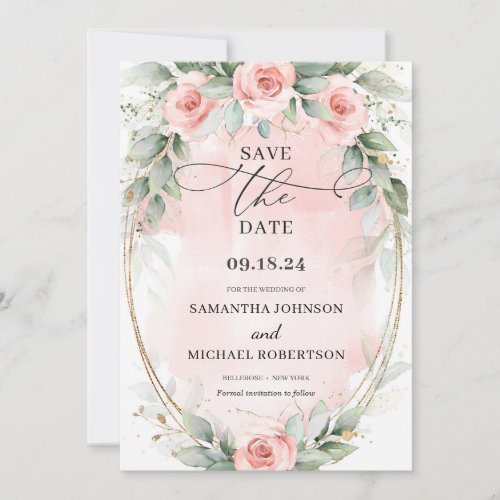 Boho soft pastel pink flowers greenery and gold  save the date