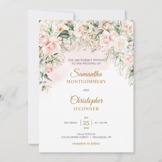 Boho soft pastel watercolor blush roses faux gold  invitation (Front)