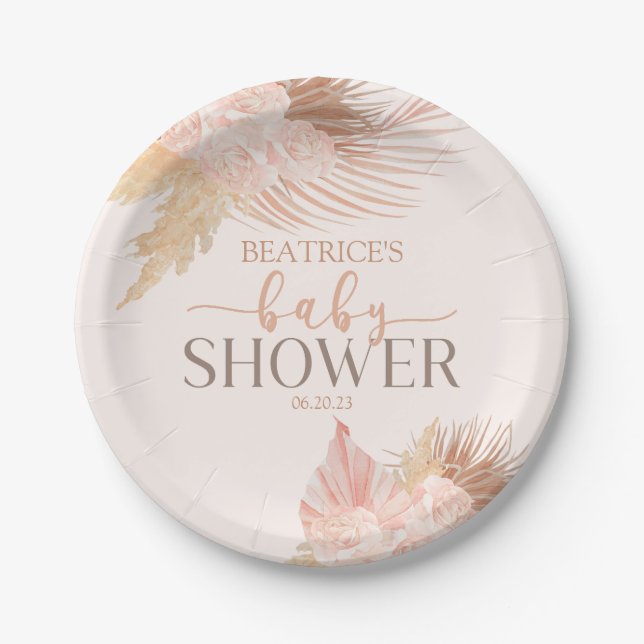 Boho Soft Pink Floral Flower Baby Shower Paper Plates (Front)