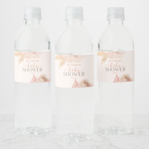 Boho Soft Pink Floral Flower Baby Shower Water Bottle Label