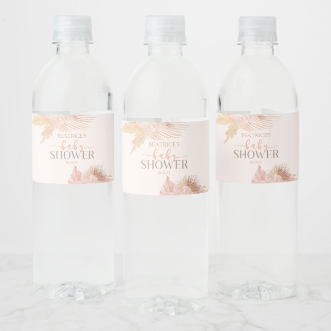 Boho Soft Pink Floral Flower Baby Shower Water Bottle Label (Bottles)