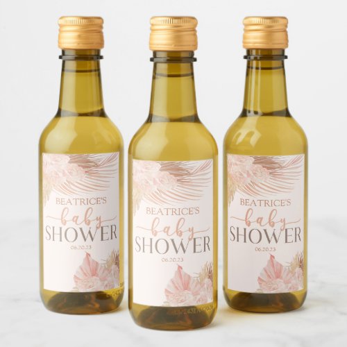 Boho Soft Pink Floral Flower Baby Shower Wine Label