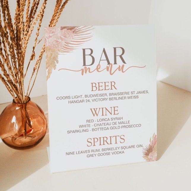 Boho Soft Pink Floral Flower Bar Menu Pedestal Sign (Creator Uploaded)