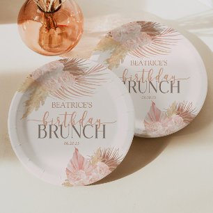 Boho Soft Pink Floral Flower Birthday Brunch Party Paper Plates