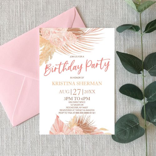Boho Soft Pink Floral Flower Birthday Party Invitation