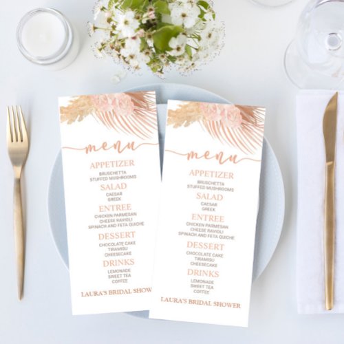 Boho Soft Pink Floral Flower Bridal Shower Food Menu