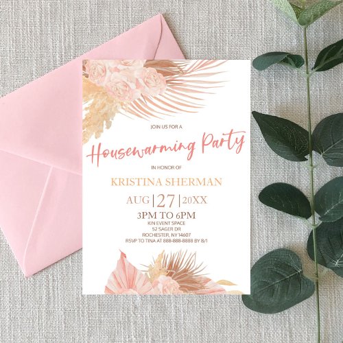 Boho Soft Pink Floral Flower Housewarming Party Invitation