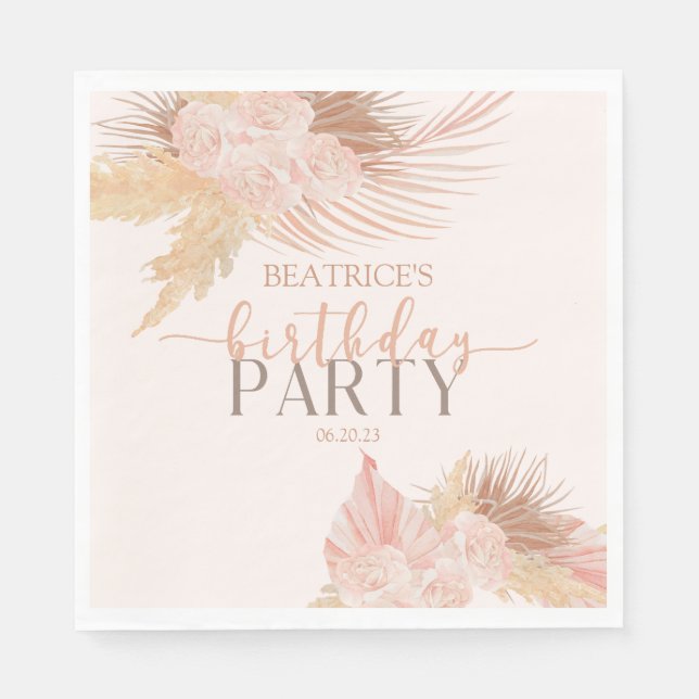 Boho Soft Pink Floral Flowers Birthday Party Napkins (Front)