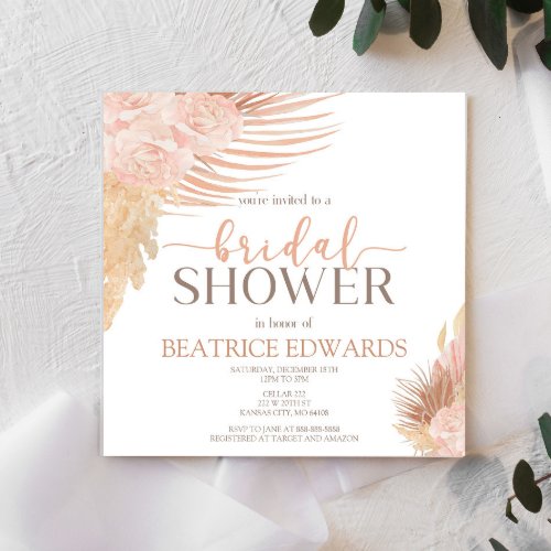 Boho Soft Pink Floral Flowers Bridal Shower Invitation