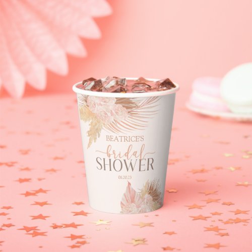 Boho Soft Pink Floral Flowers Bridal Shower Paper Cups
