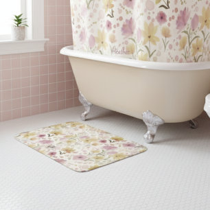 Boho Soft Pink Watercolor Wildflower Bath Mat