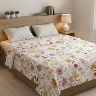 Boho Soft Pink Watercolor Wildflower Fleece Blanket