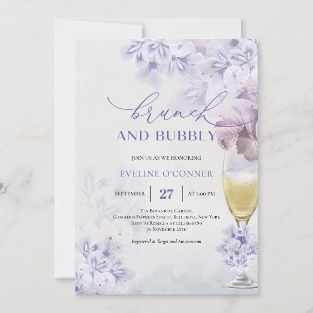 Boho Soft purple champagne glass brunch and bubbly Invitation (Front)