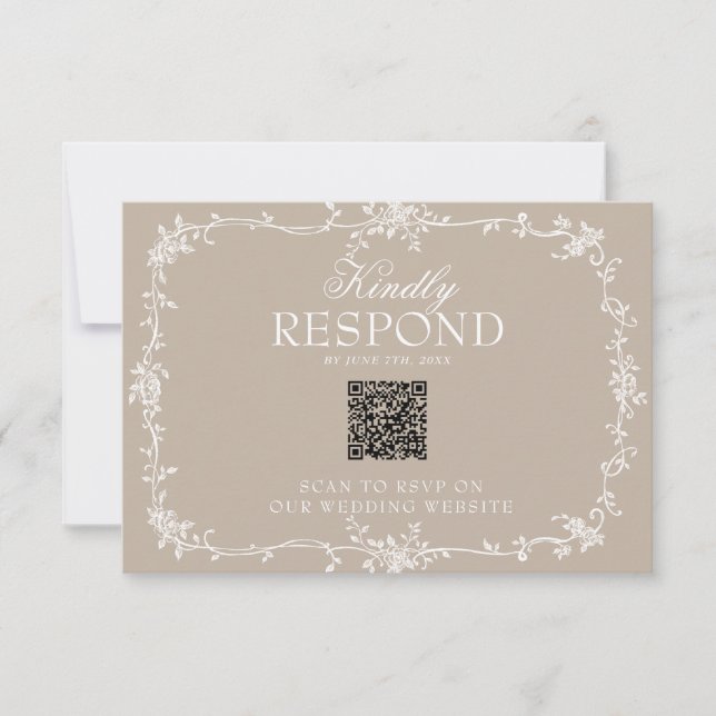 Boho Soft Taupe Floral QR Code Botanical Wedding RSVP Card (Front)