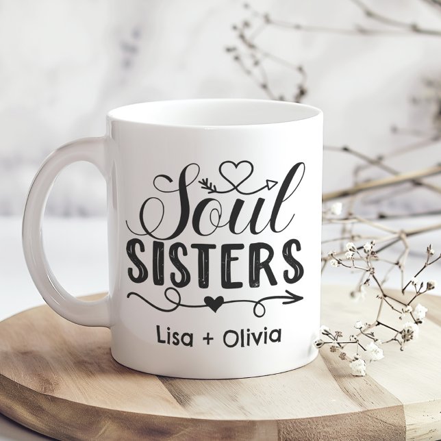 Boho Soul Sisters Custom Name Best Friend Coffee Mug (Boho Soul Sisters Custom Name Best Friend Coffee Mug on a sunny boho wooden kitchen table.)