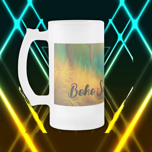 Boho Soul Unveiled Green and Yellow monogram  Frosted Glass Beer Mug