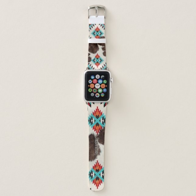 Boho Southwest Cowhide Turquoise Name Apple Watch Band (Front)
