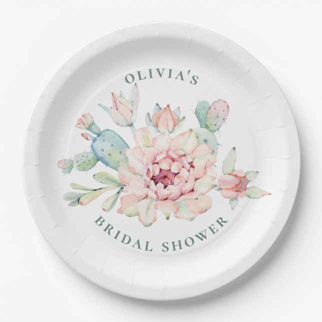 Boho Southwestern Bridal Shower | Floral Cactus Paper Plates (Front)