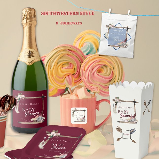 Boho Southwestern Chambray Baby Shower Paper Plates (Chambray for spring, Burgundy for fall and Creme for anytime)