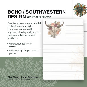 Boho-Southwestern Style Cow Skull Lined 3M Post-it Notes