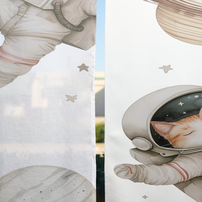 Boho space cat and planets pattern sheer curtains (Sheer vs. Blackout)