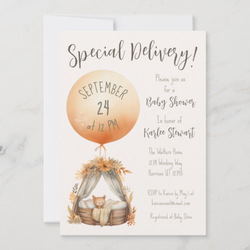 Boho Special Delivery Balloon Baby Shower Invitation