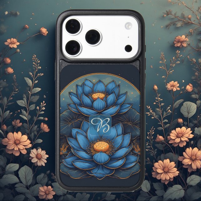 Boho Spiritual Calm Blue Lotus Awareness Monogram  Otterbox iPhone Case (Boho Spiritual Calm Blue Lotus Awareness Monogram Otterbox iPhone Case)