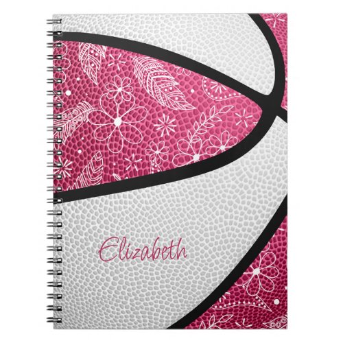 Boho sports doodle feathers pink white basketball notebook