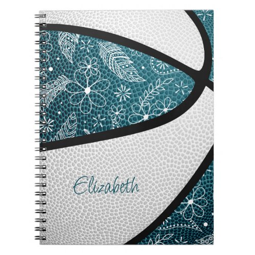 Boho sports doodle pattern teal white basketball notebook