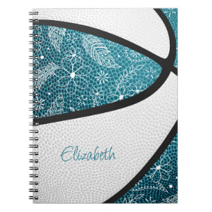 Boho sports doodle pattern teal white basketball notebook