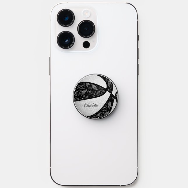 Boho sports girly paislies black white basketball PopSocket (Front)