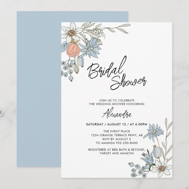 Boho Spring Blue Floral Bridal Brunch Shower Invit Invitation (Front/Back)