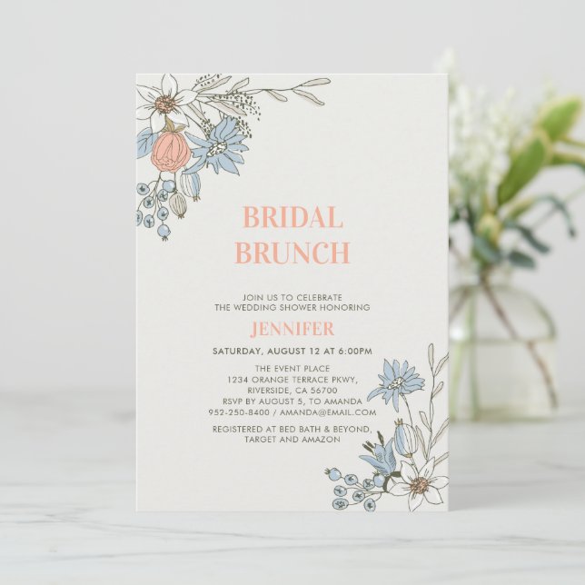 Boho Spring Blue Floral Bridal Brunch Shower Invit Invitation (Standing Front)