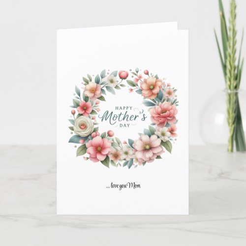 Boho spring blush floral wreath Happy Mothers Day Holiday Card
