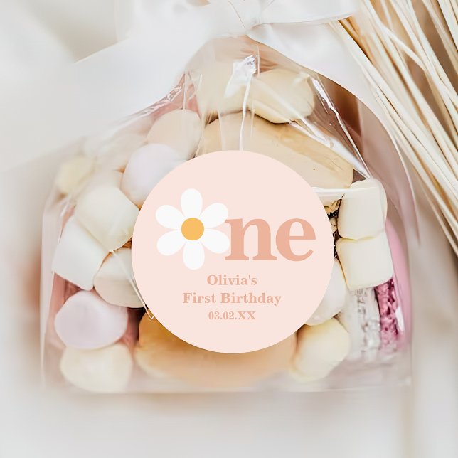 Boho Spring Blush Pink Daisy One First Birthday  Classic Round Sticker (Creator Uploaded)