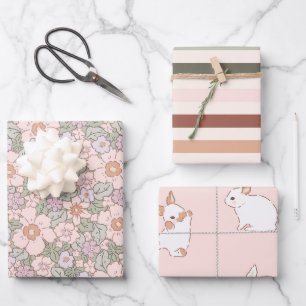 Boho Spring Bunny Botanical Wrapping Paper Sheets