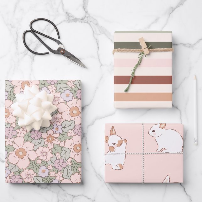 Boho Spring Bunny Botanical Wrapping Paper Sheets (Front)
